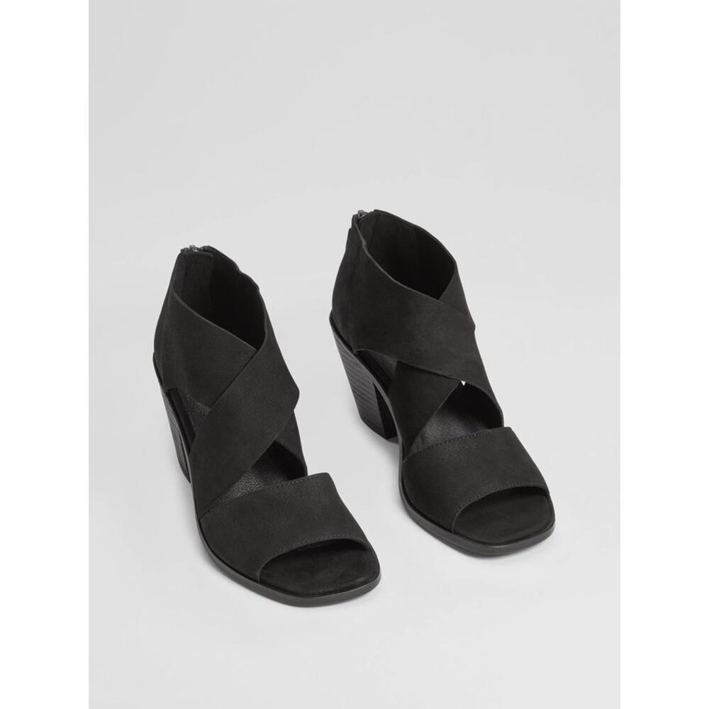 Eileen Fisher Ann Black Nubuck Crisscross Zip Sandals  Minimal Chic Size 8.5